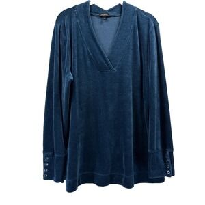 Talbots Women's‎ Velvet Top Size Large Blue Pullover Stretch Long Sleeve Buttons